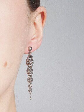 Gothic medieval chain mail pointy long silver earrings made with stainless steel